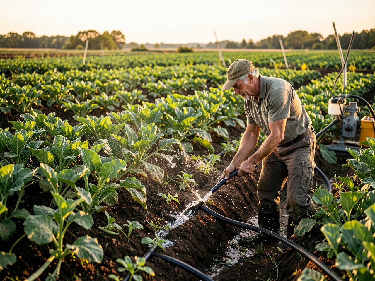Farmer maintaining irrigation in a healthy vegetable field